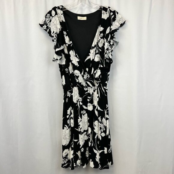 Crescent Womens A Line Dress Black Floral Cap Flutter Sleeve Rayon Surplice S - Picture 1 of 12